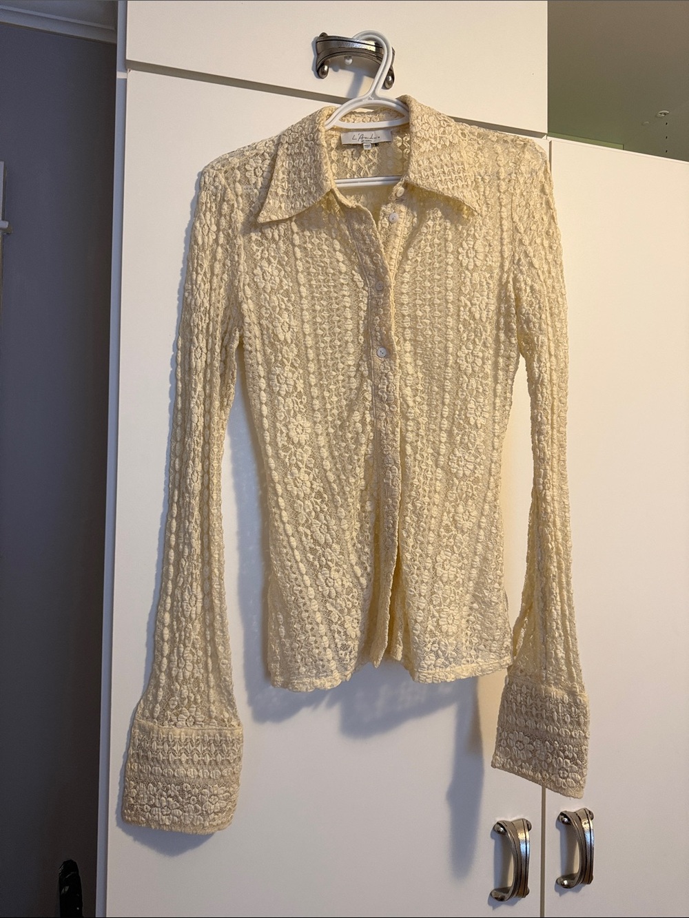 L'Academie Cream Crochet Button-Down Shirt